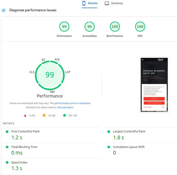 page speed insights results
